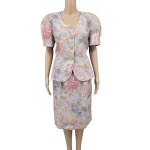 Suitables Vintage Floral Button-Up Blazer and Skirt Set Hourglass